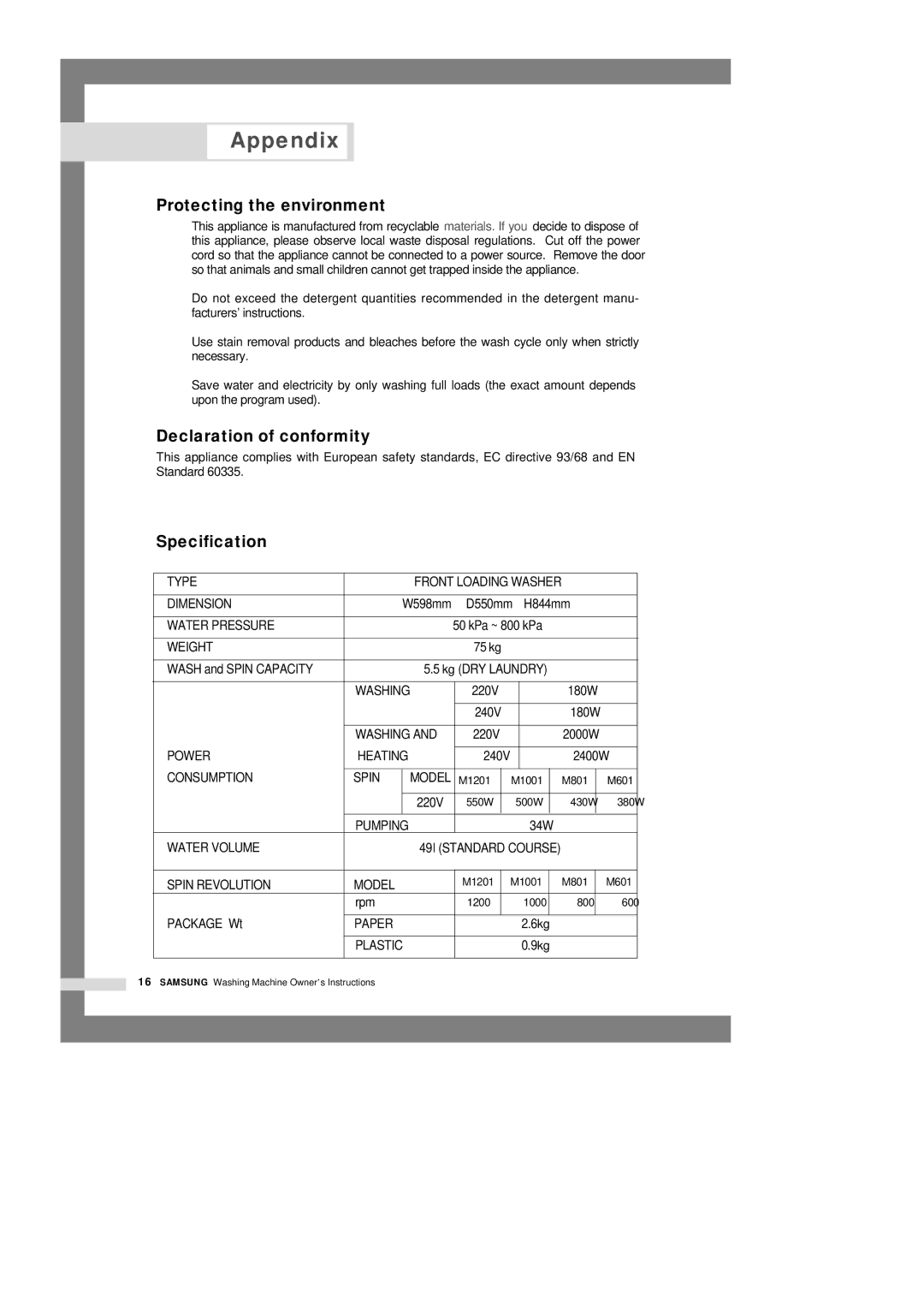 Samsung M1201GW/XEG, M1001GW/XEG, M801EW/YNQ manual Protecting the environment, Declaration of conformity, Specification 