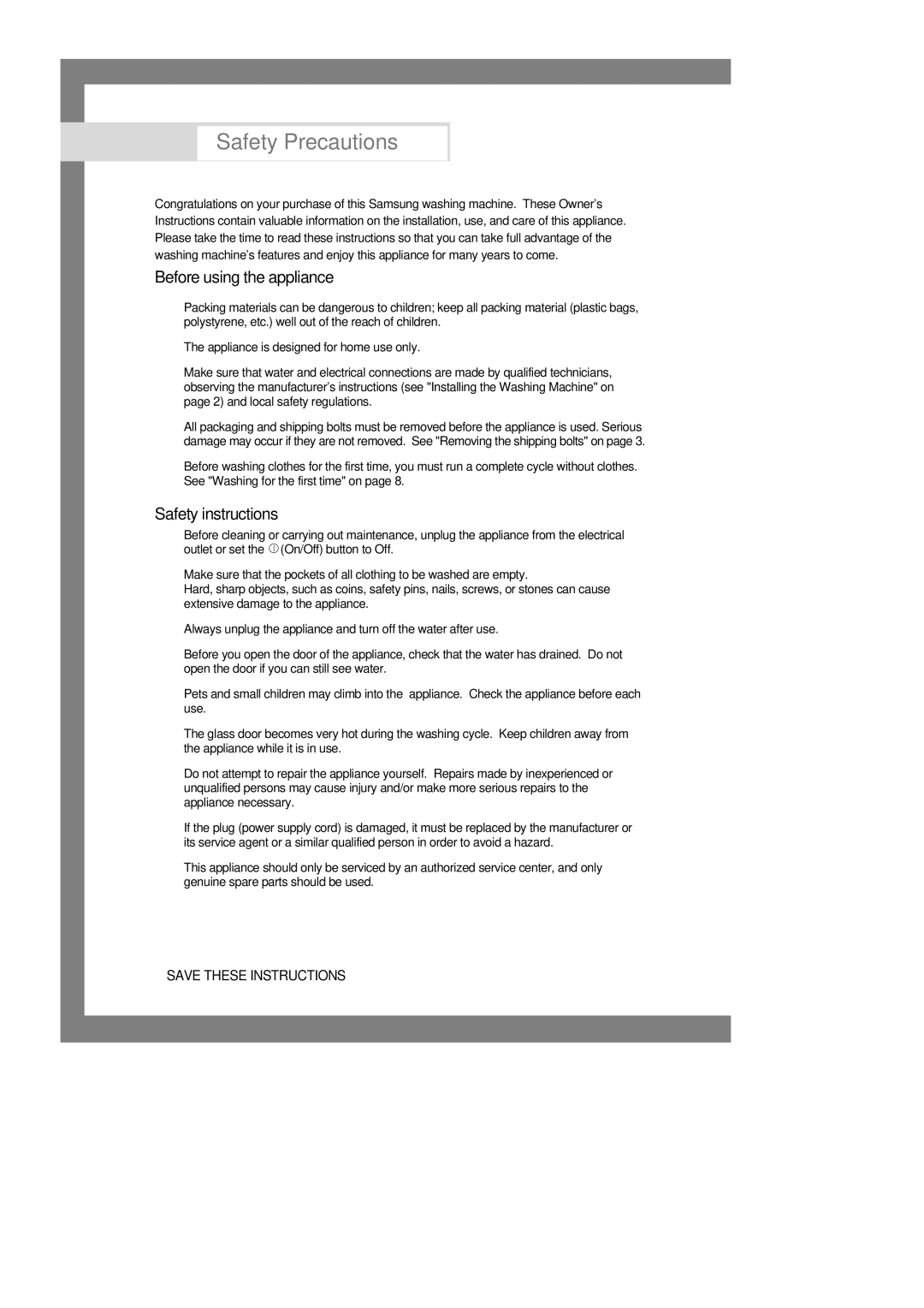 Samsung M801EW/YNQ, M1001GW/XEG, M1201GW/XEG, M1001GWE/YLR, M1001GW/YLP manual Before using the appliance, Safety instructions 