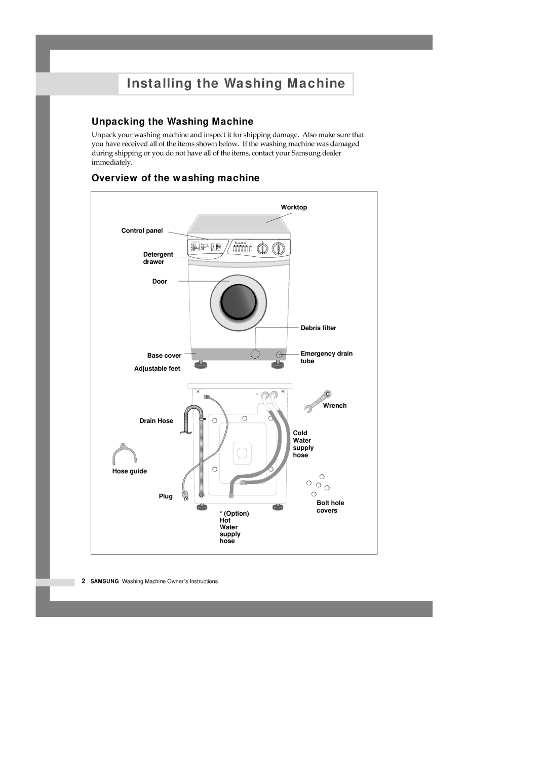 Samsung M1001GW/YLP manual Installing the Washing Machine, Unpacking the Washing Machine, Overview of the washing machine 