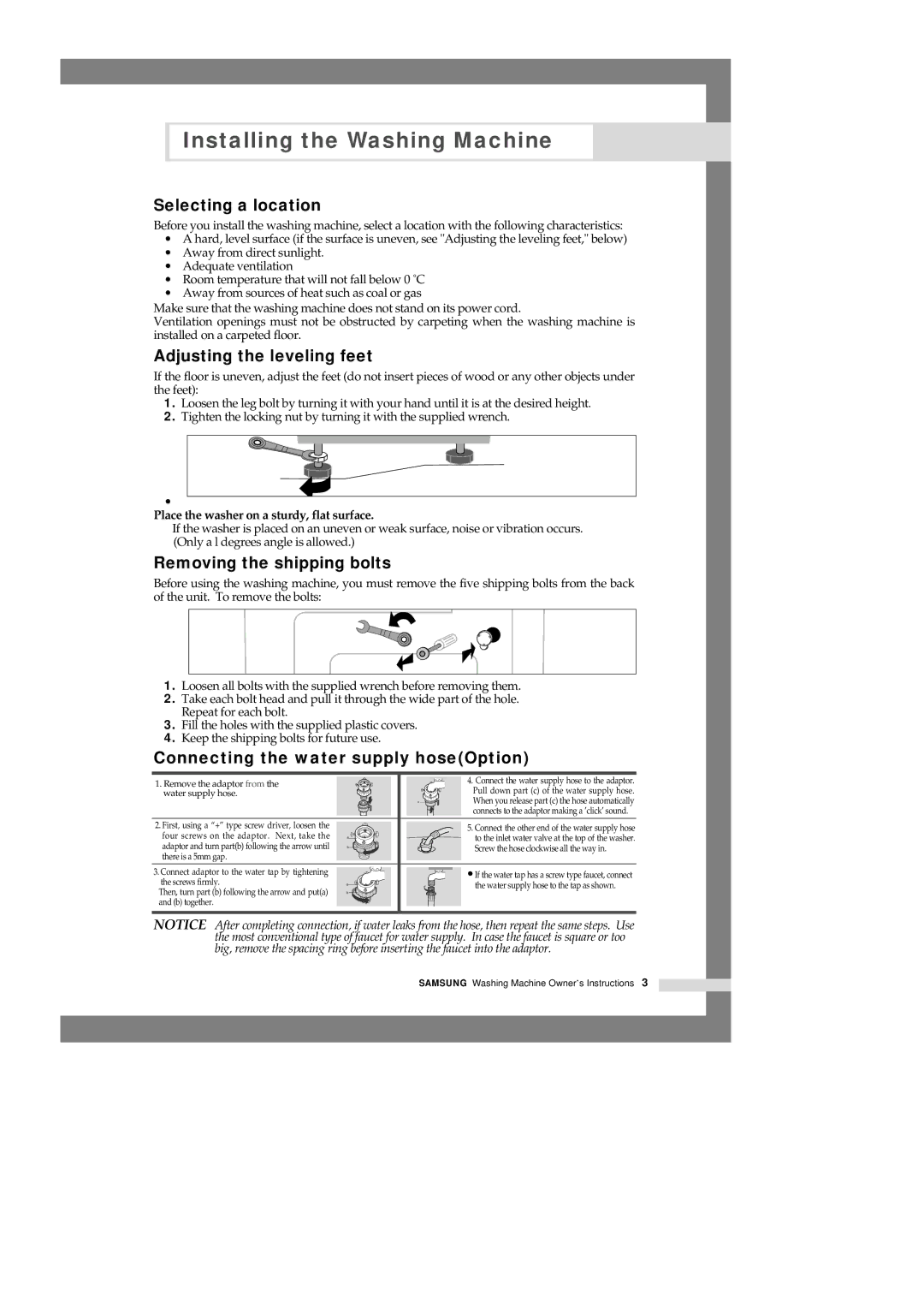 Samsung M1201GW1/YLW, M1001GW/XEG manual Selecting a location, Adjusting the leveling feet, Removing the shipping bolts 