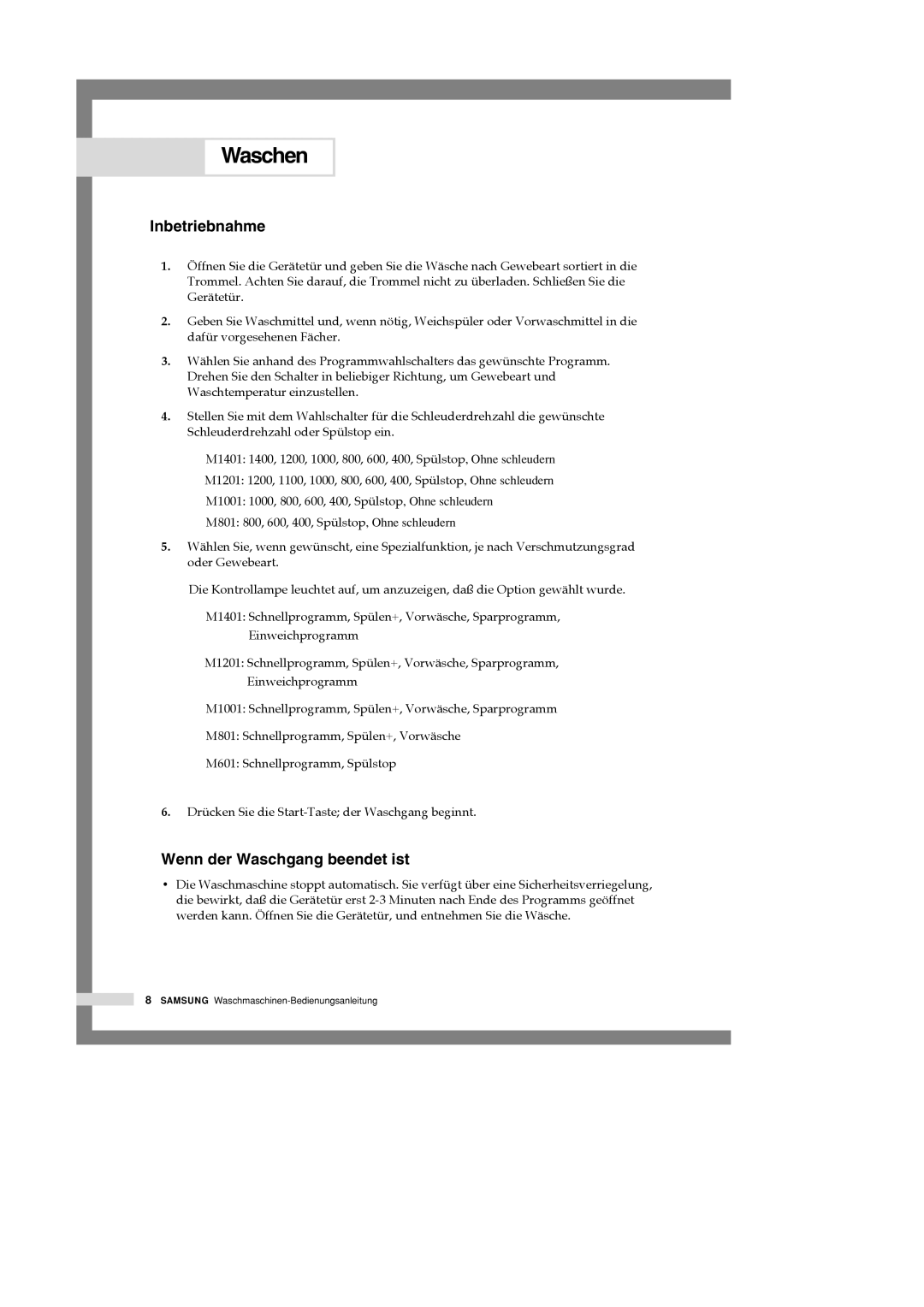 Samsung M1401GW/XEG, M1001GW1/XEG, M1201GW1/XEG, M1001GW/XEG, M1201GW/XEG manual Inbetriebnahme, Wenn der Waschgang beendet ist 