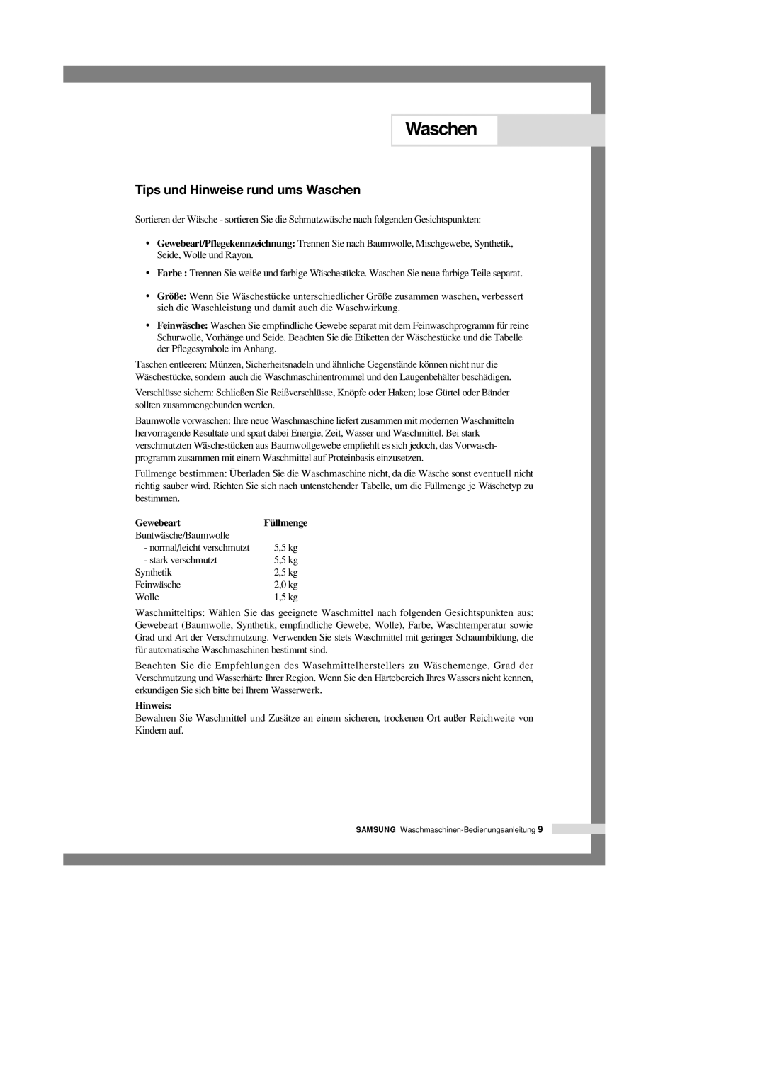Samsung M1001GW1/XEG, M1401GW/XEG, M1201GW1/XEG, M1001GW/XEG, M1201GW/XEG manual Tips und Hinweise rund ums Waschen, Gewebeart 