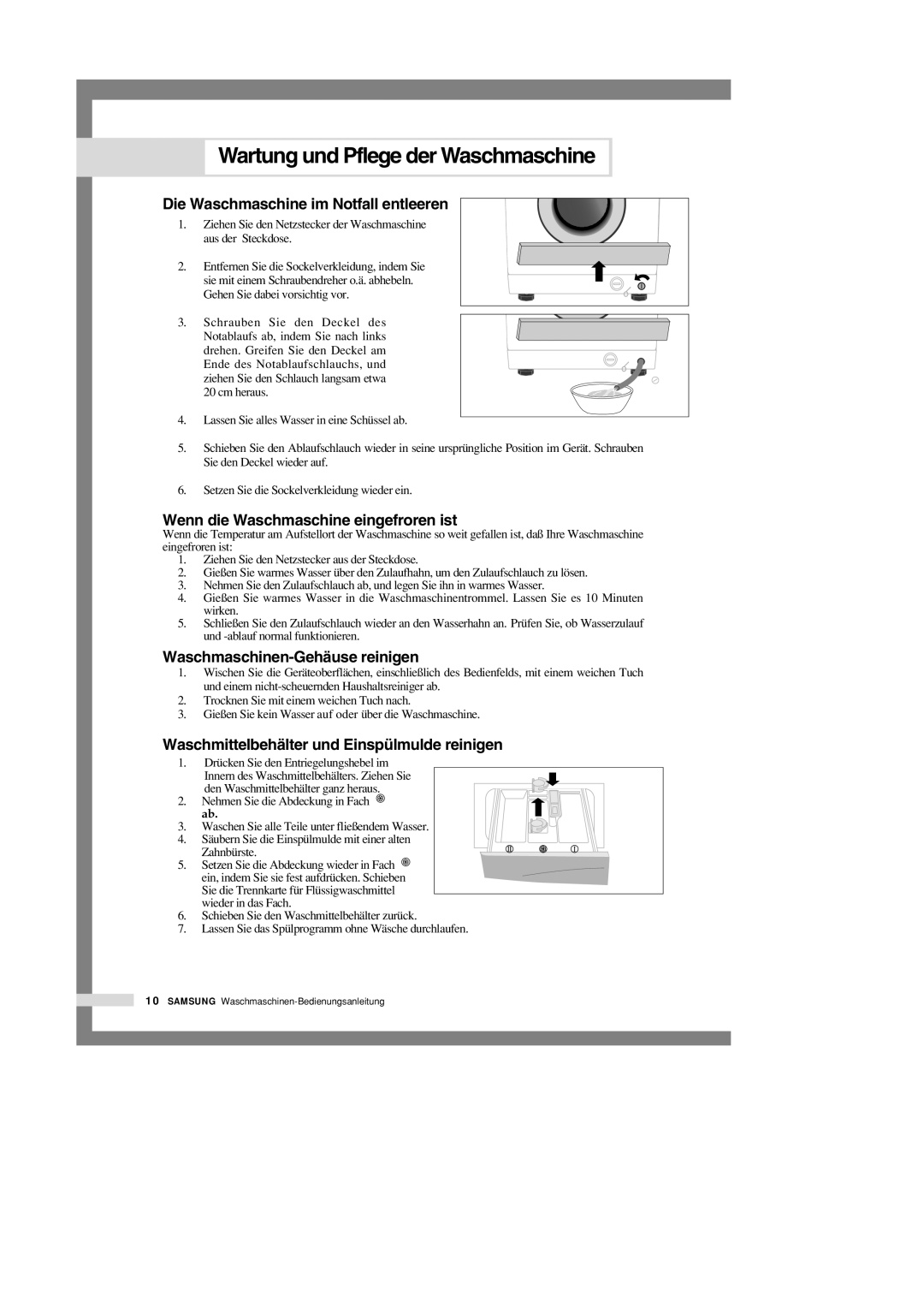 Samsung M1201GW1/XEG, M1401GW/XEG, M1001GW/XEG Wartung und Pflege der Waschmaschine, Die Waschmaschine im Notfall entleeren 