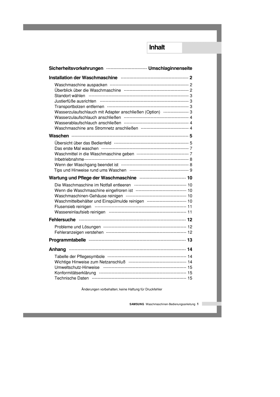 Samsung M1001GW/XEG, M1401GW/XEG, M1001GW1/XEG, M1201GW1/XEG, M1201GW/XEG manual Inhalt, Umschlaginnenseite 