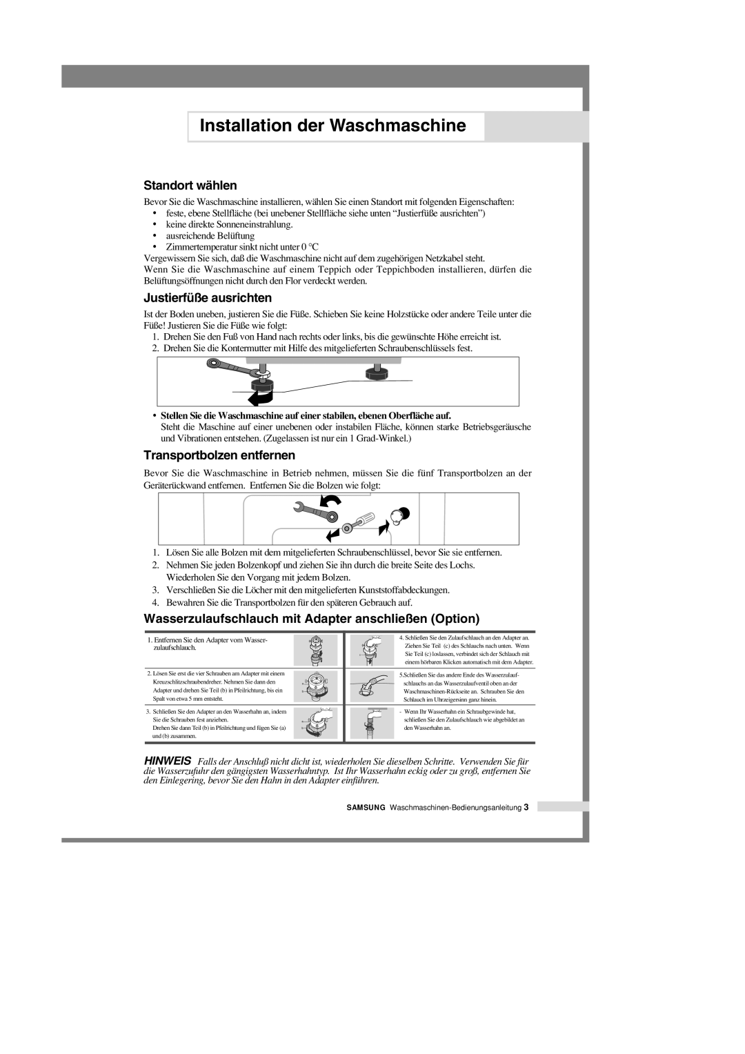 Samsung M1401GW/XEG, M1001GW1/XEG, M1201GW1/XEG manual Standort wählen, Justierfüße ausrichten, Transportbolzen entfernen 