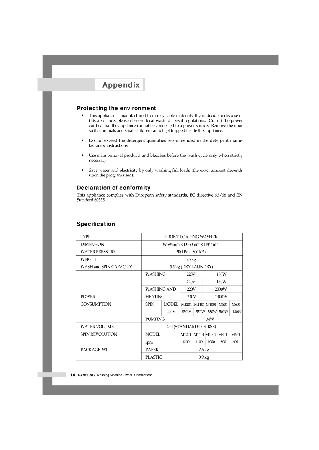 Samsung M1001GWE/YLR, M1401GW/XEG, M1001GW1/XEG manual Protecting the environment, Declaration of conformity, Specification 