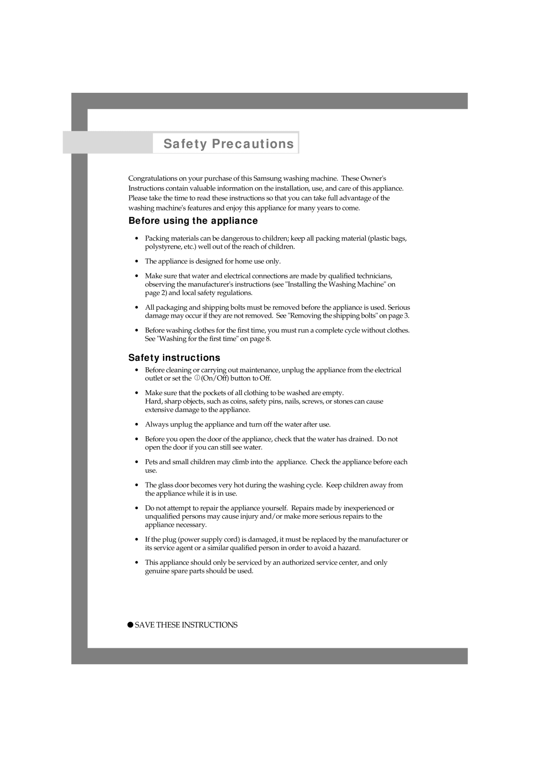 Samsung M1201GW1/XEG, M1401GW/XEG, M1001GW1/XEG, M1001GW/XEG, M1201GW/XEG Before using the appliance, Safety instructions 