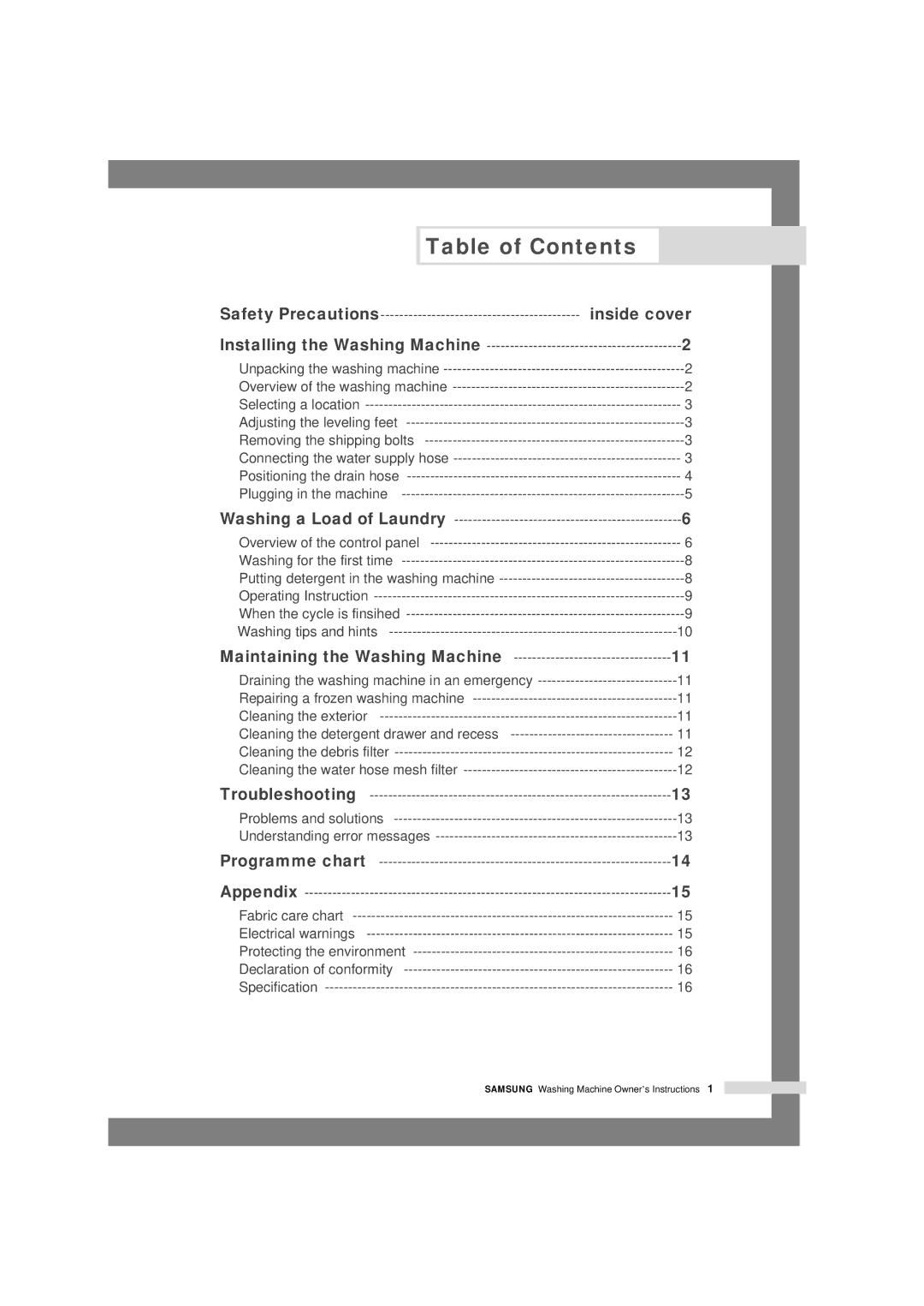 Samsung M1001GW/XEG, M1401GW/XEG, M1001GW1/XEG, M1201GW1/XEG, M1201GW/XEG, M1001GWE/YLR, M1001GW/YLP manual Table of Contents 