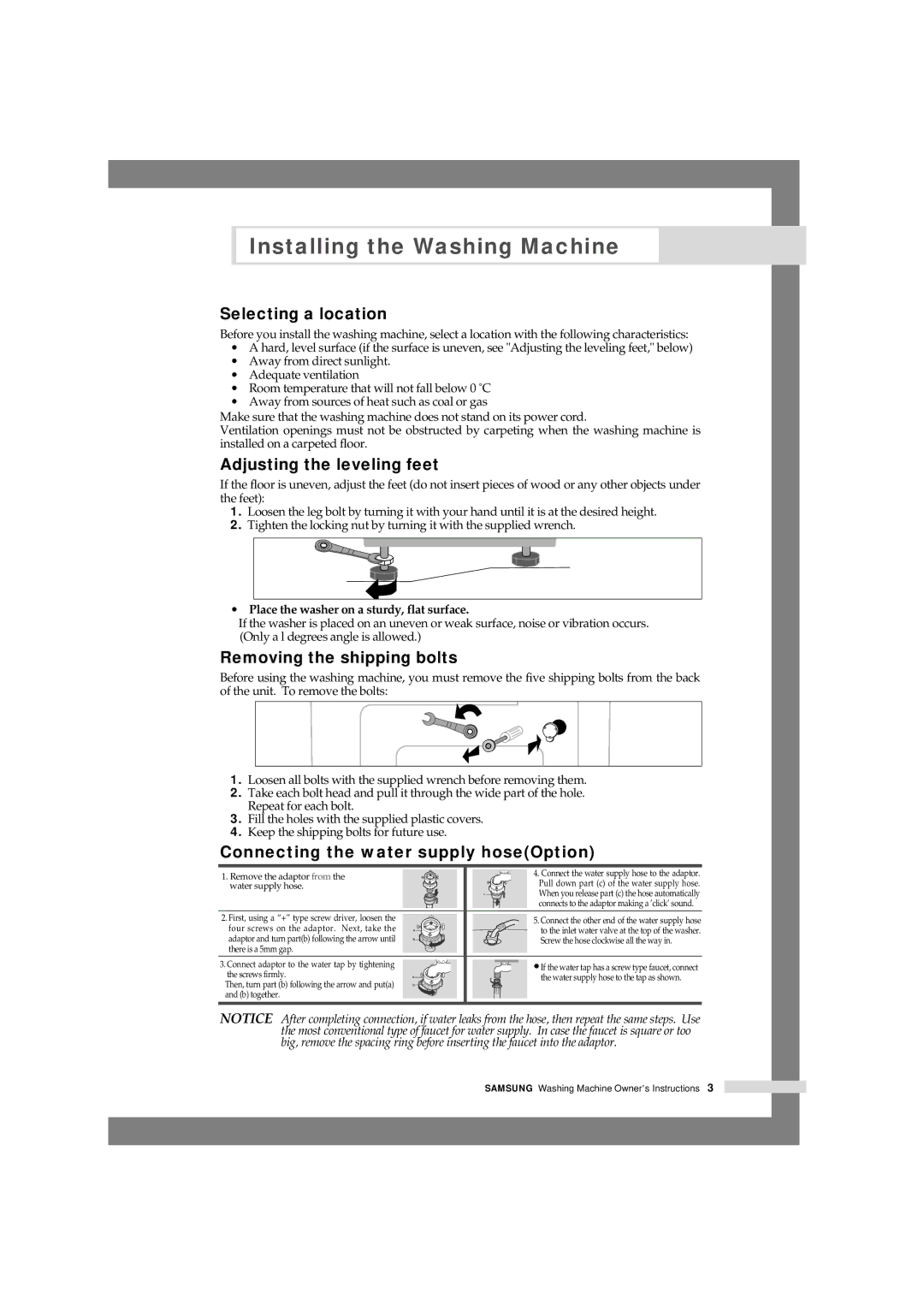 Samsung M1001GWE/YLR, M1401GW/XEG manual Selecting a location, Adjusting the leveling feet, Removing the shipping bolts 