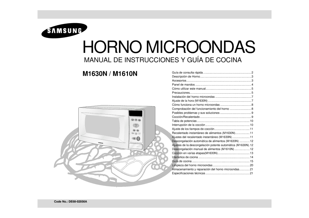 Samsung M1610N/XEC manual Horno Microondas, Code No. DE68-02056A 