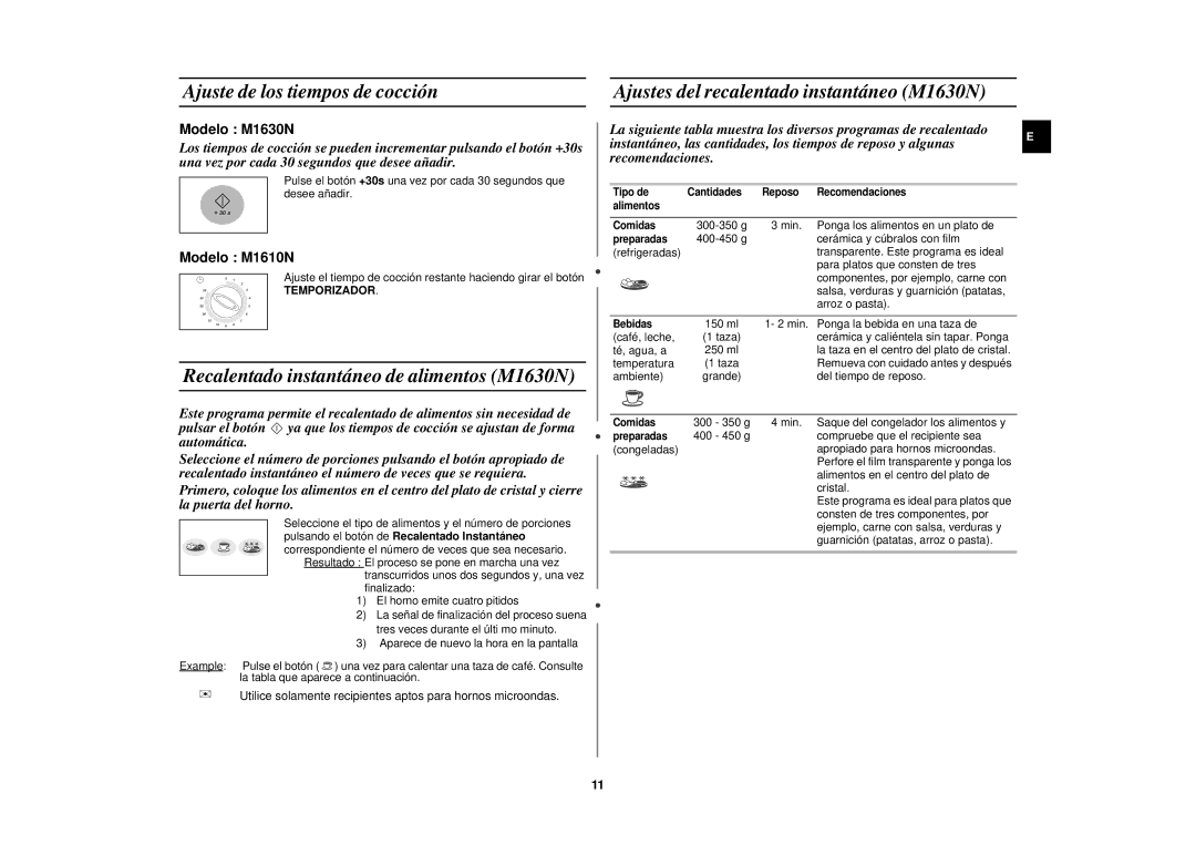 Samsung M1610N/XEC manual Recalentado instantáneo de alimentos M1630N, Cristal 