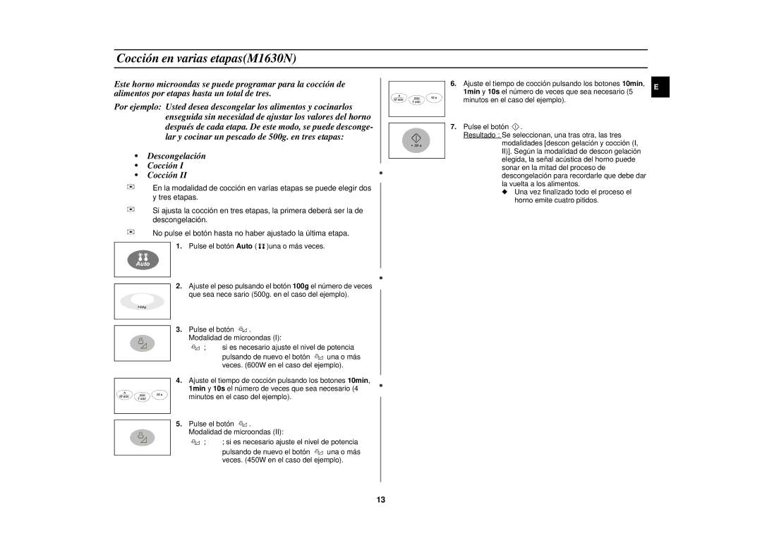 Samsung M1610N/XEC manual Cocción en varias etapasM1630N, Descongelación Cocción 