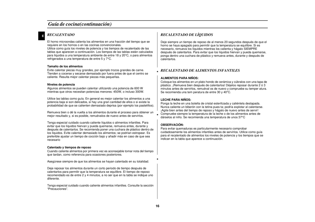 Samsung M1610N/XEC manual Guía de cocinacontinuación, Recalentado DE Líquidos, Recalentado DE Alimentos Infantiles 