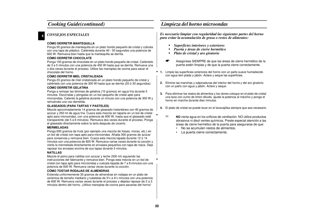 Samsung M1610N/XEC manual Cooking Guide, Limpieza del horno microondas, Consejos Especiales 