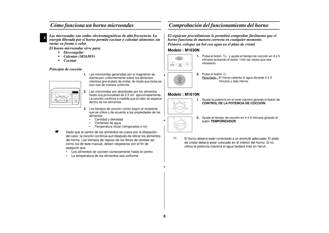 Samsung M1610N/XEC manual Control DE LA Potencia DE Cocción 