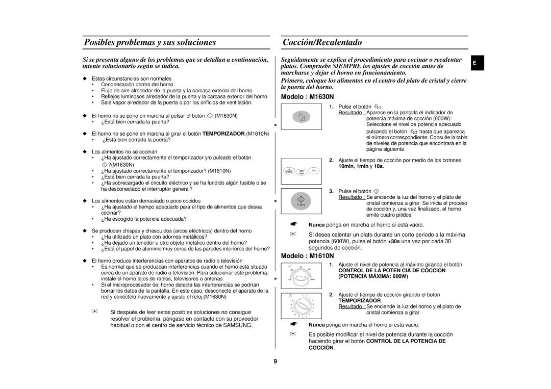 Samsung M1610N/XEC manual Posibles problemas y sus soluciones Cocción/Recalentado 