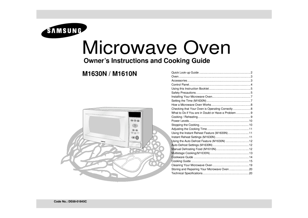 Samsung M1610N/XET, M1610N/XEE, M1610N/NSI manual Microwave Oven, Code No. DE68-01845C 