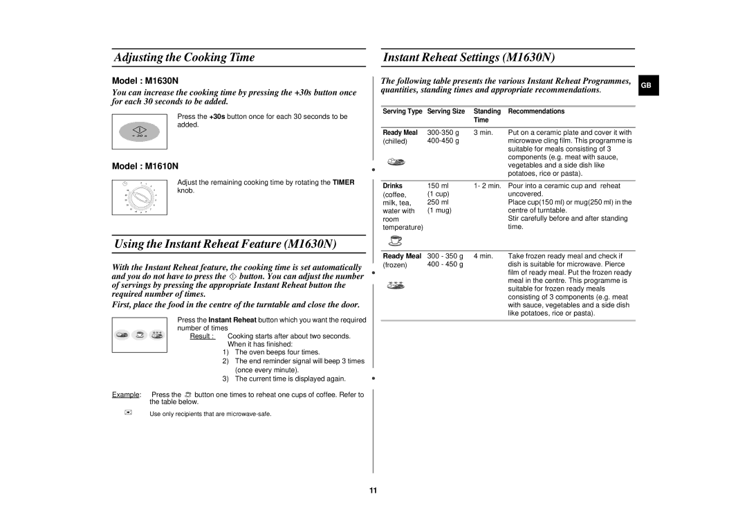 Samsung M1610N/NSI Adjusting the Cooking Time Instant Reheat Settings M1630N, Using the Instant Reheat Feature M1630N 