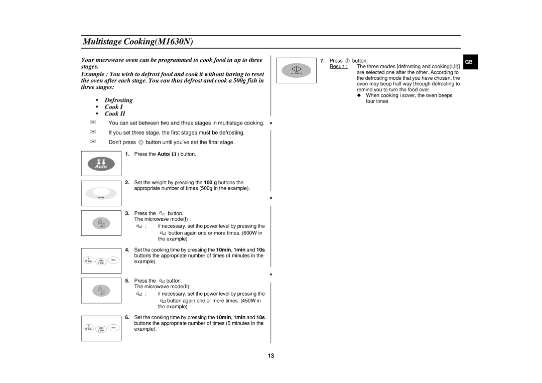 Samsung M1610N/XET, M1610N/XEE, M1610N/NSI manual Multistage CookingM1630N, Example Press button 