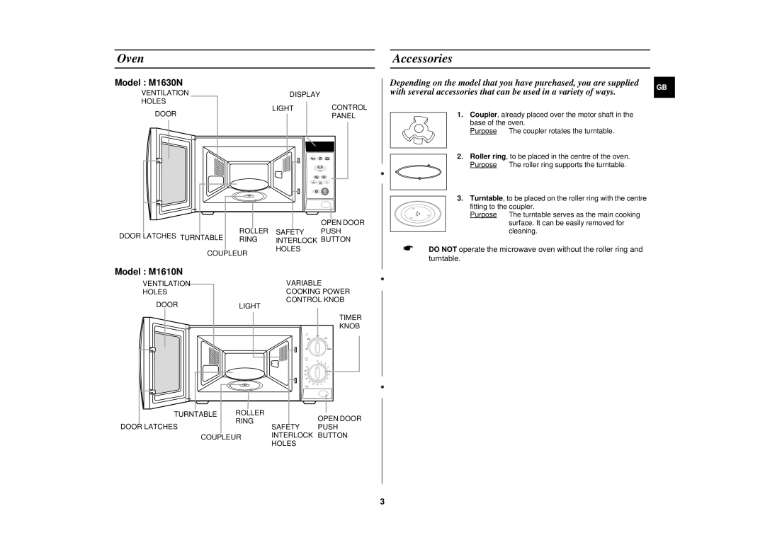 Samsung M1610N/XEE, M1610N/XET, M1610N/NSI manual Oven, Accessories 