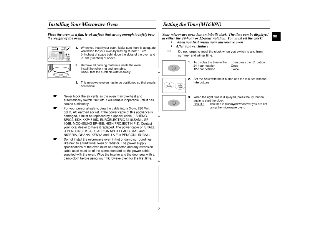 Samsung M1610N/XET, M1610N/XEE, M1610N/NSI manual Installing Your Microwave Oven Setting the Time M1630N 