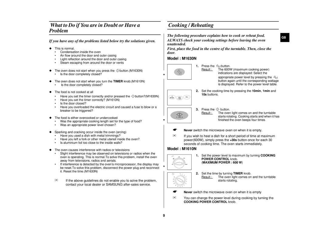 Samsung M1610N/XEE, M1610N/XET, M1610N/NSI manual What to Do if You are in Doubt or Have a Problem, Cooking / Reheating 