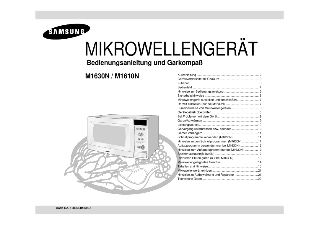 Samsung M1610N/XEG manual Mikrowellengerät, Code No. DE68-01845D 