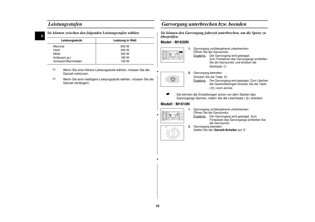 Samsung M1610N/XEG manual Leistungsstufen, Garvorgang unterbrechen bzw. beenden, Leistungsstufe Leistung in Watt 