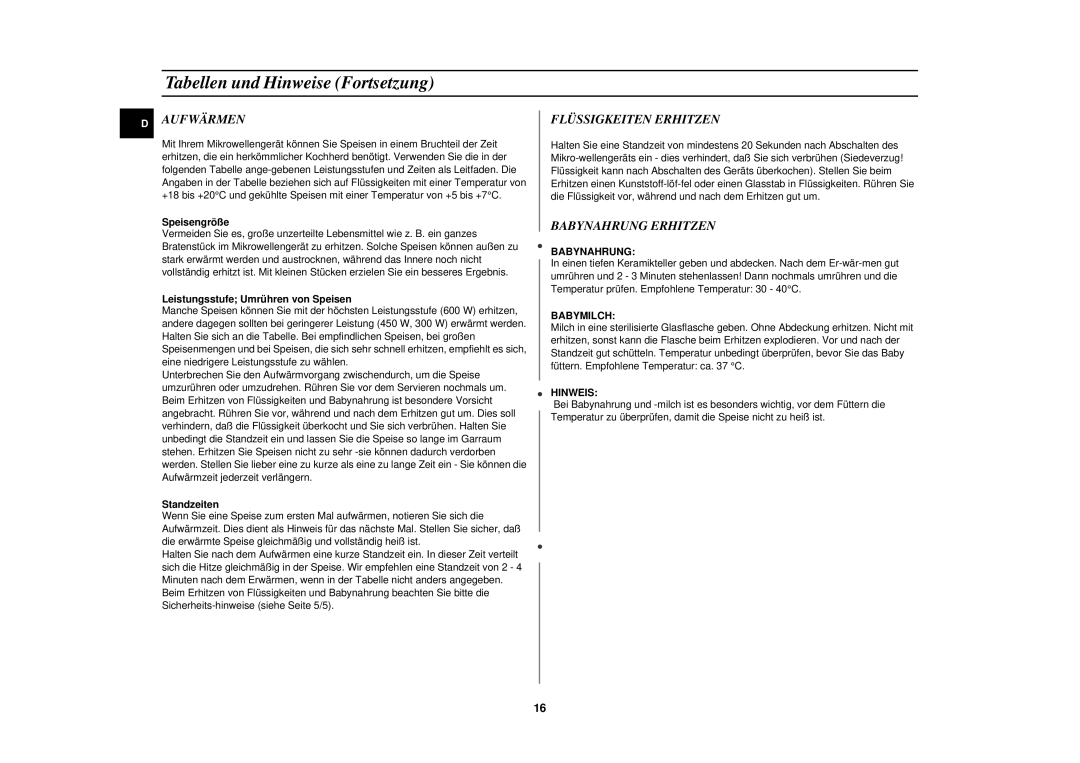 Samsung M1610N/XEG manual Tabellen und Hinweise Fortsetzung, Aufwärmen, Flüssigkeiten Erhitzen, Babynahrung Erhitzen 