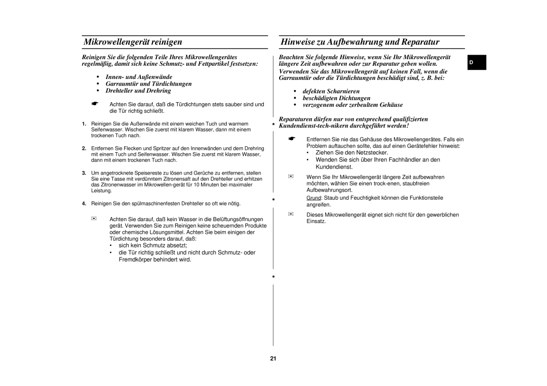 Samsung M1610N/XEG manual Mikrowellengerät reinigen, Hinweise zu Aufbewahrung und Reparatur 