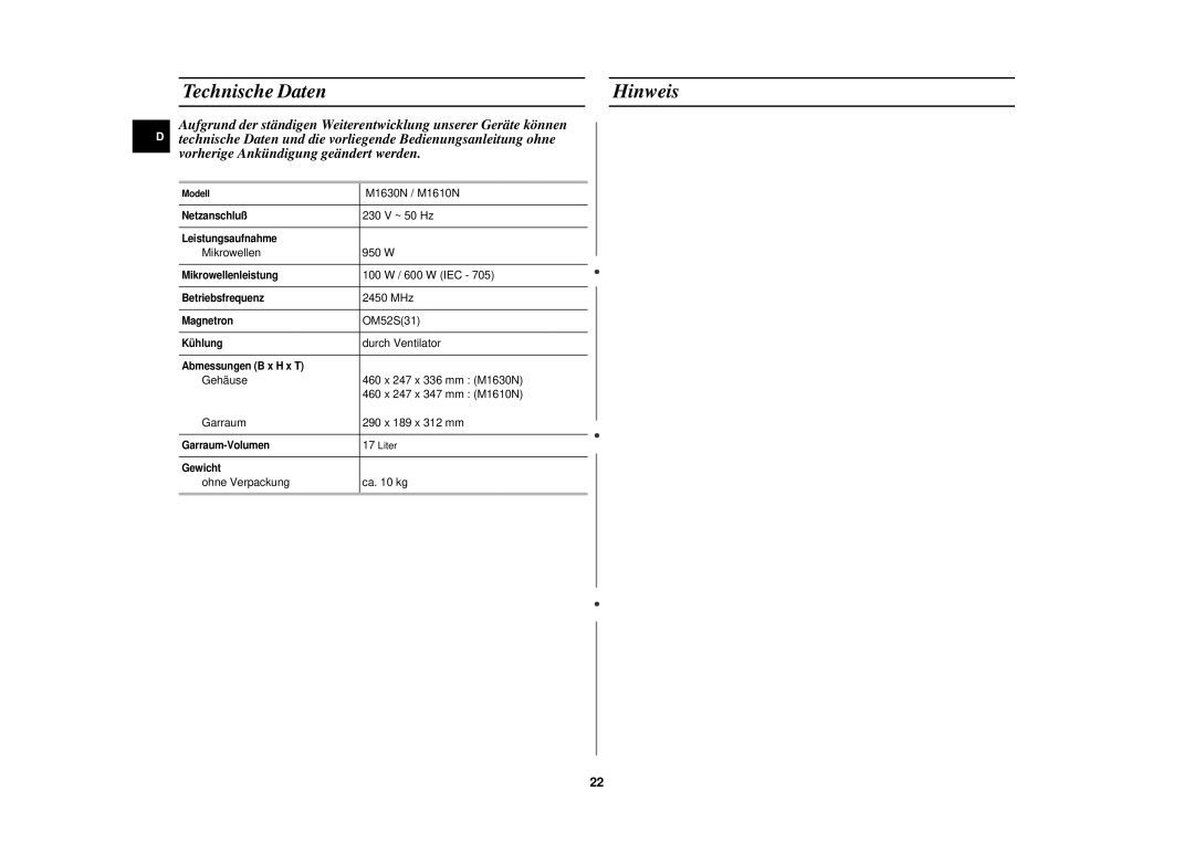 Samsung M1610N/XEG manual Technische Daten Hinweis 