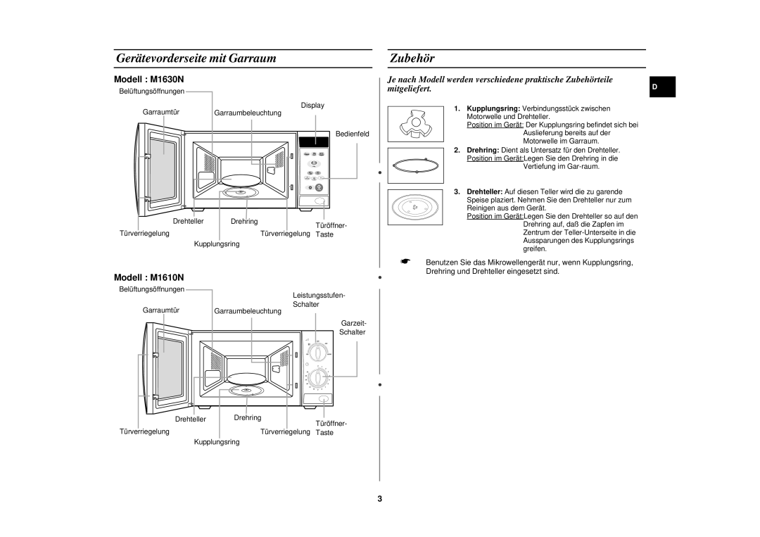 Samsung M1610N/XEG manual Gerätevorderseite mit Garraum, Zubehör 