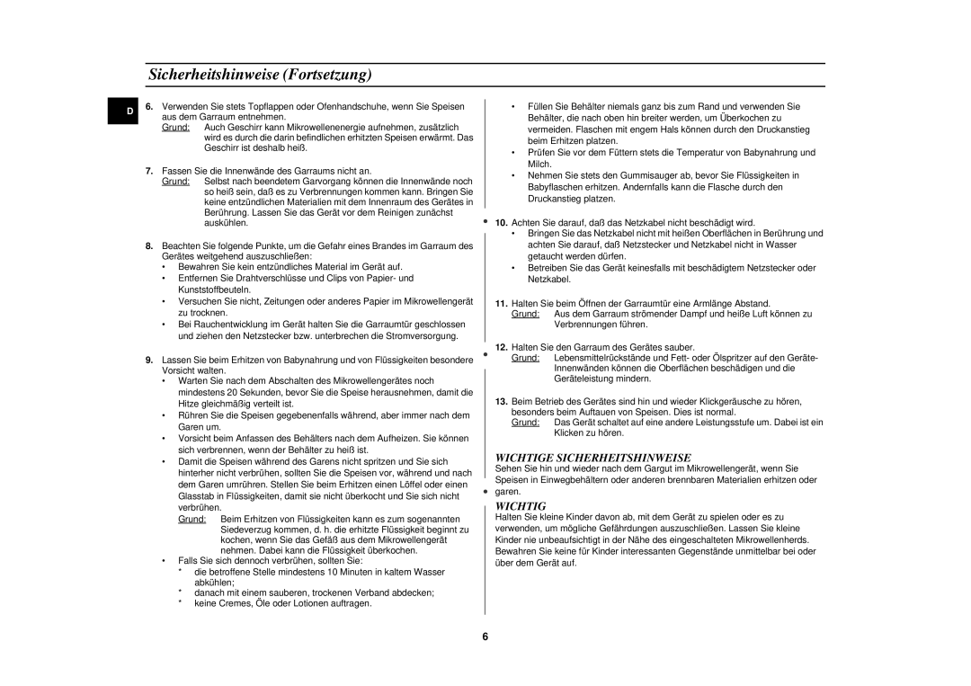 Samsung M1610N/XEG manual Sicherheitshinweise Fortsetzung, Wichtige Sicherheitshinweise 