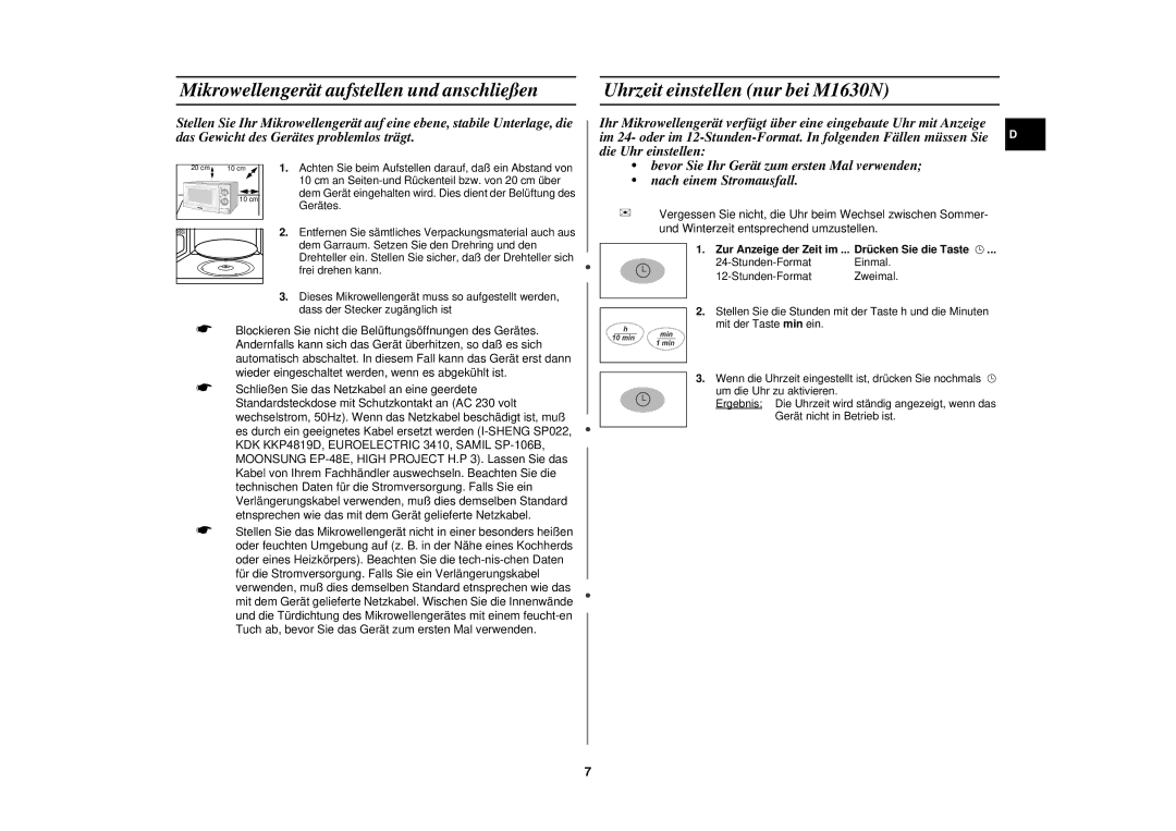 Samsung M1610N/XEG manual Mikrowellengerät aufstellen und anschließen, Uhrzeit einstellen nur bei M1630N 