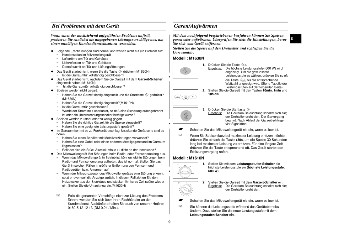 Samsung M1610N/XEG manual Bei Problemen mit dem Gerät, Garen/Aufwärmen 