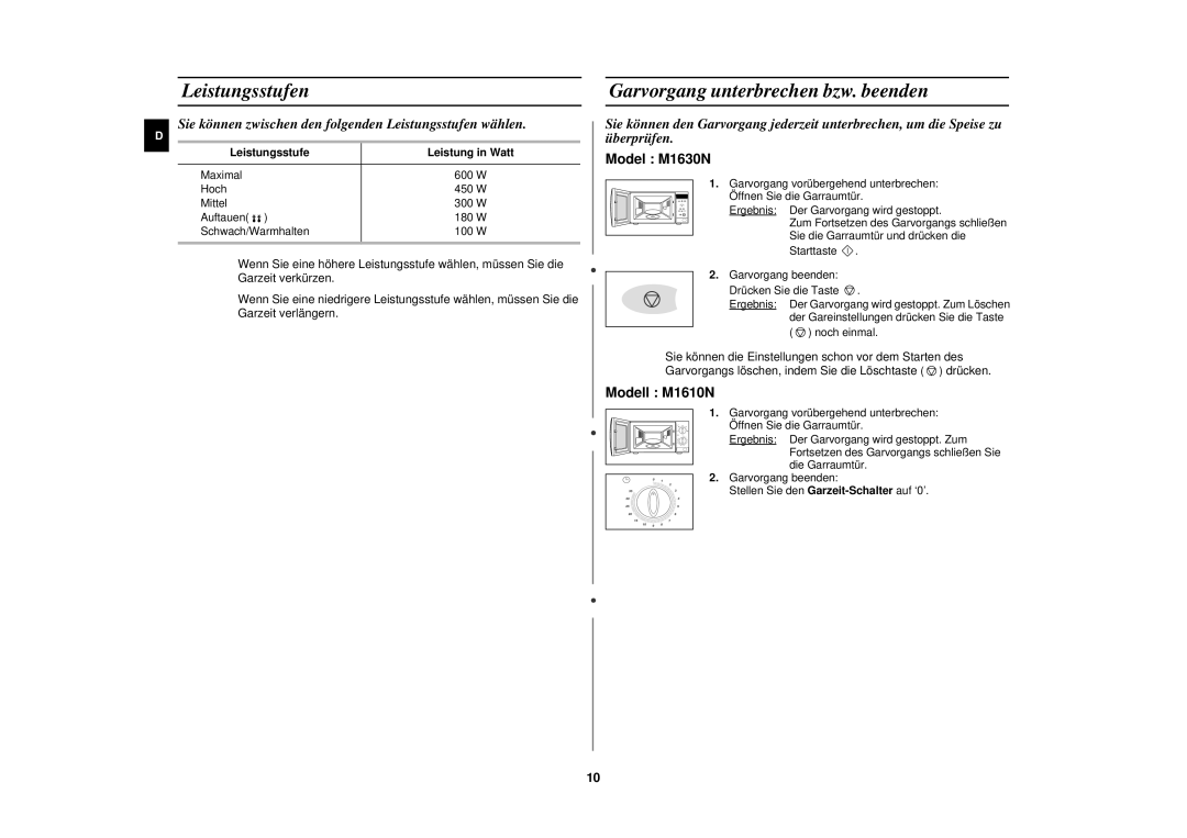 Samsung M1610N/LIB, M1610N/XET manual Leistungsstufen, Garvorgang unterbrechen bzw. beenden, Leistungsstufe Leistung in Watt 