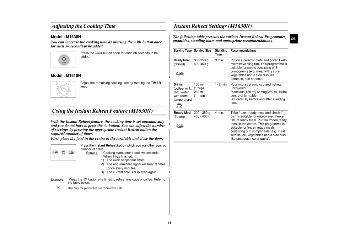 Samsung M1610N/XEH Adjusting the Cooking Time Instant Reheat Settings M1630N, Using the Instant Reheat Feature M1630N 