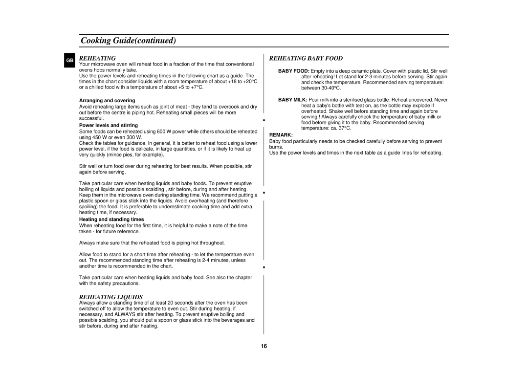 Samsung M1610N/XET, M1610N/ERP, M1610N/LIB, M1610N/XEH manual Reheating Liquids, Reheating Baby Food 