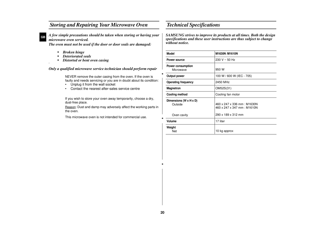 Samsung M1610N/XET, M1610N/ERP, M1610N/LIB, M1610N/XEH manual Microwave 950 W 