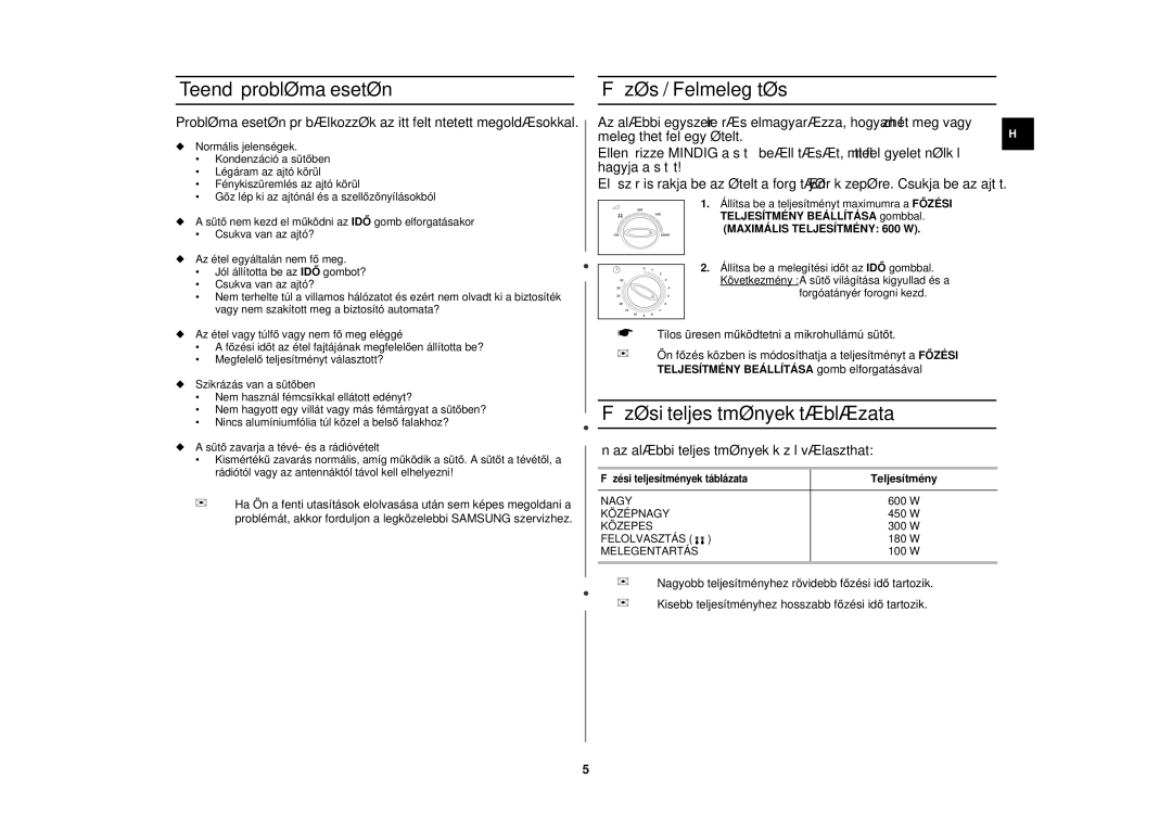 Samsung M1610N/XEH, M1610N/XET manual Teendő probléma esetén, Főzés / Felmelegítés, Főzési teljesítmények táblázata 