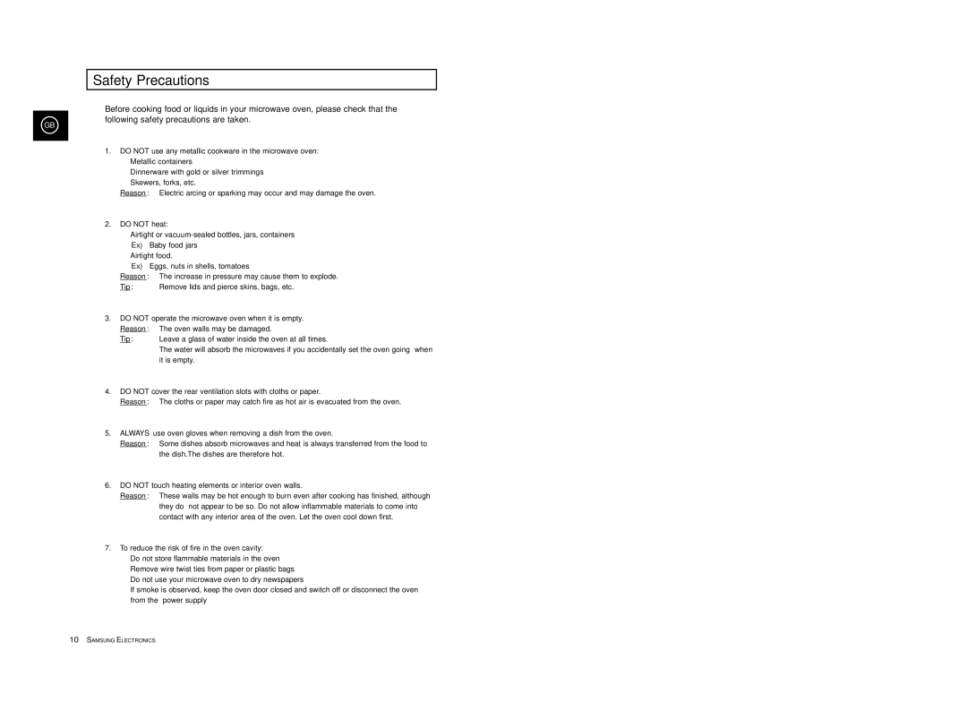 Samsung M1618/XEH, M1618/EUR, M1638/LIB, M1618/NSI, M1618R/BWT, M1638/SAM manual Safety Precautions, Do not heat, Reason, Tip 