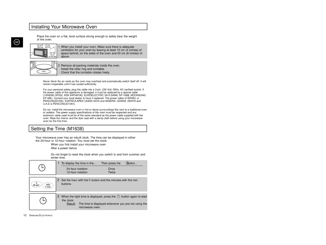 Samsung M1618/EUR, M1638/LIB Installing Your Microwave Oven, Setting the Time M1638, To display the time Then press Button 