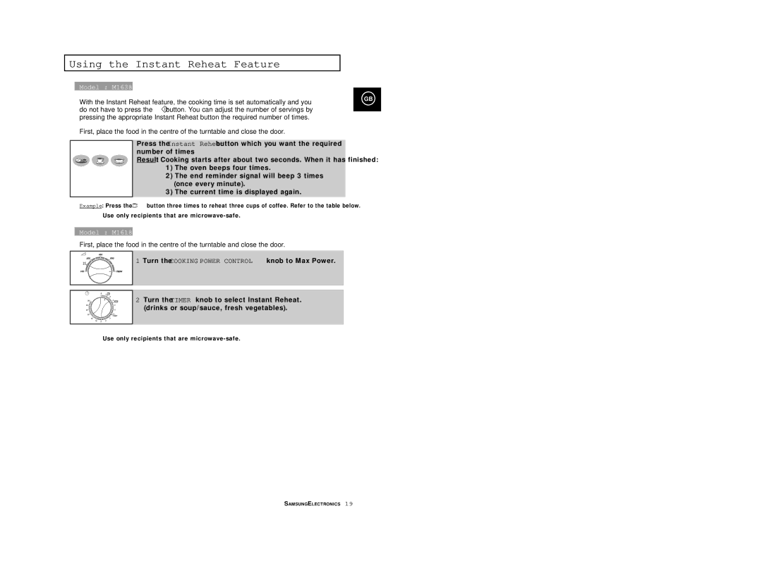 Samsung M1638/LIB, M1618/EUR, M1618/NSI, M1618R/BWT, M1618/XEH, M1638/SAM manual Using the Instant Reheat Feature 