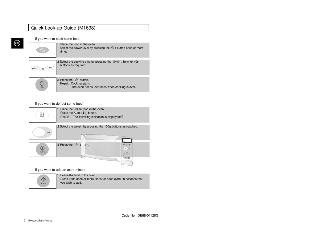 Samsung M1618/NSI, M1618/EUR, M1638/LIB, M1618R/BWT, M1618/XEH manual Quick Look-up Guide M1638, If you want to cook some food 