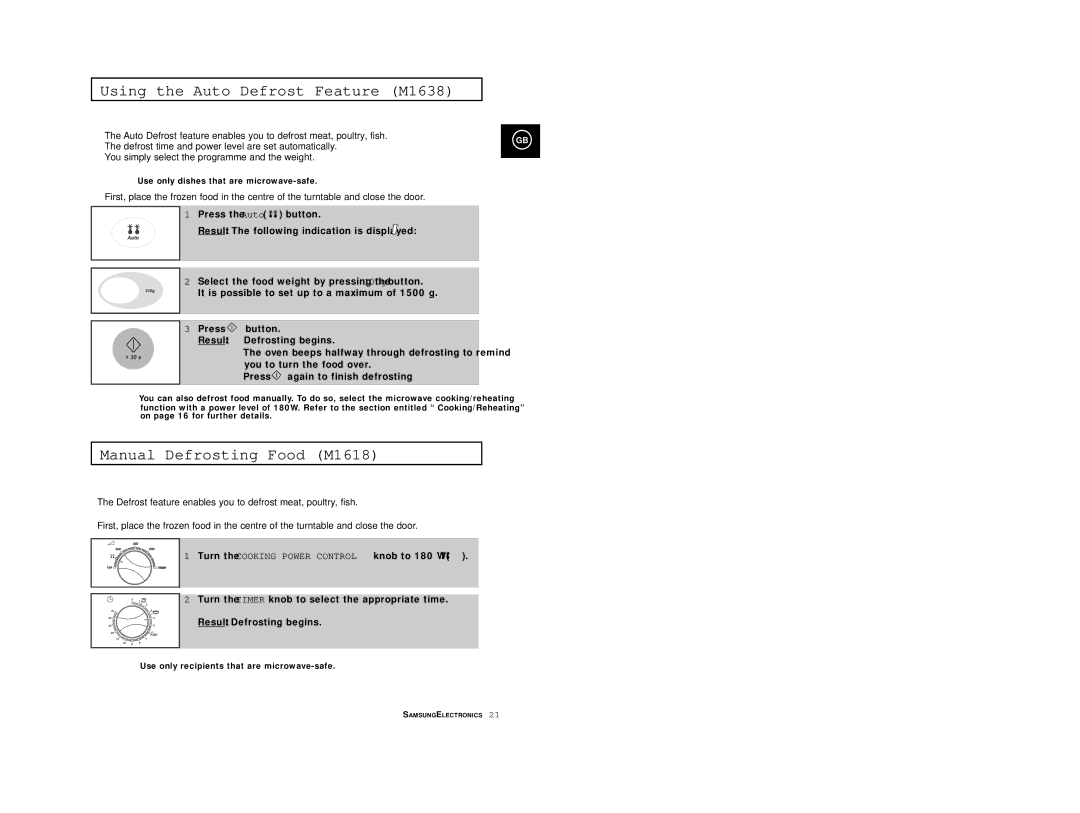 Samsung M1618R/BWT, M1618/EUR, M1638/LIB, M1618/NSI manual Using the Auto Defrost Feature M1638, Manual Defrosting Food M1618 