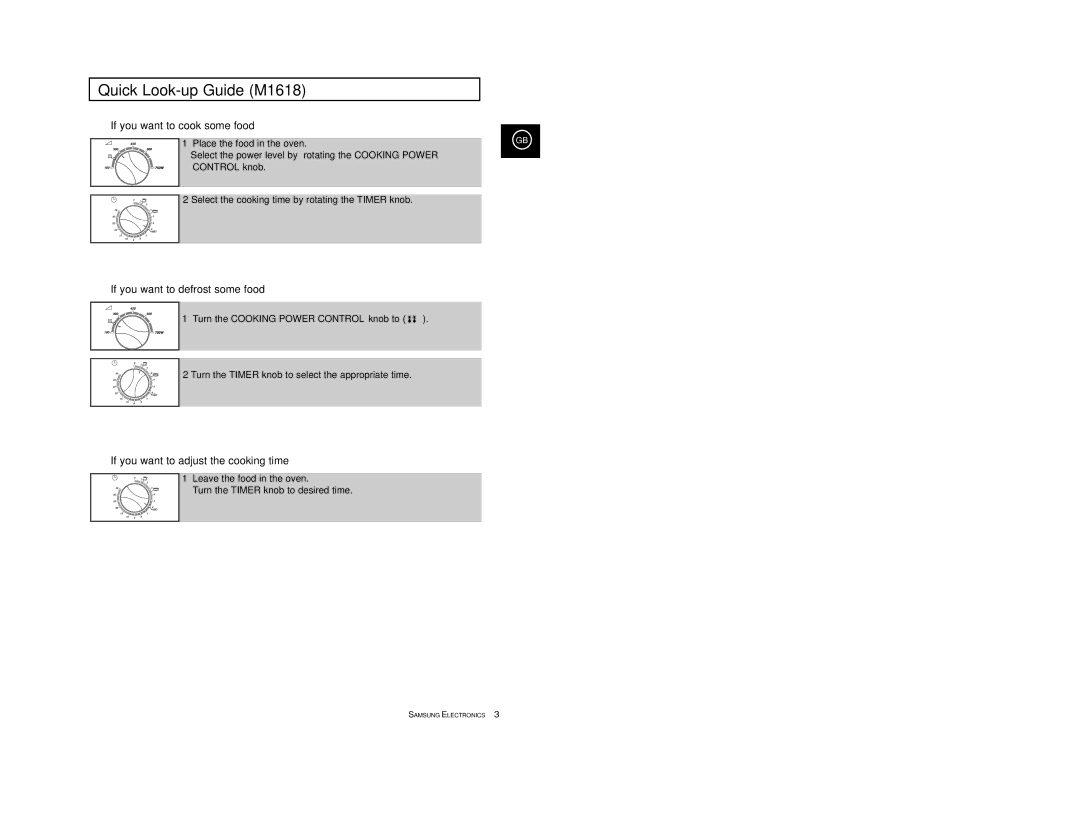 Samsung M1618R/BWT, M1618/EUR, M1638/LIB, M1618/NSI, M1618/XEH, M1638/SAM manual Quick Look-up Guide M1618, Control knob 