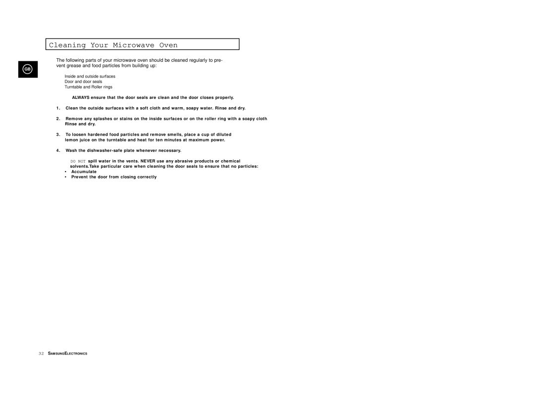 Samsung M1618/NSI, M1618/EUR, M1638/LIB, M1618R/BWT, M1618/XEH, M1638/SAM manual Cleaning Your Microwave Oven 