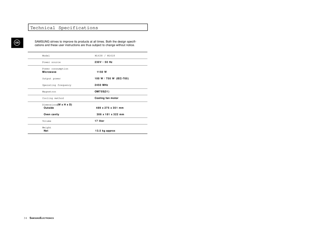 Samsung M1618/XEH, M1618/EUR, M1638/LIB, M1618/NSI, M1618R/BWT, M1638/SAM manual Technical Specifications 