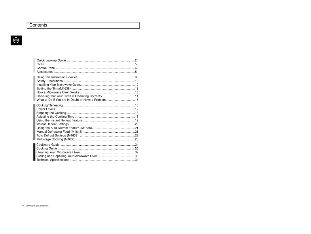 Samsung M1618/XEH, M1618/EUR, M1638/LIB, M1618/NSI, M1618R/BWT, M1638/SAM manual Contents 