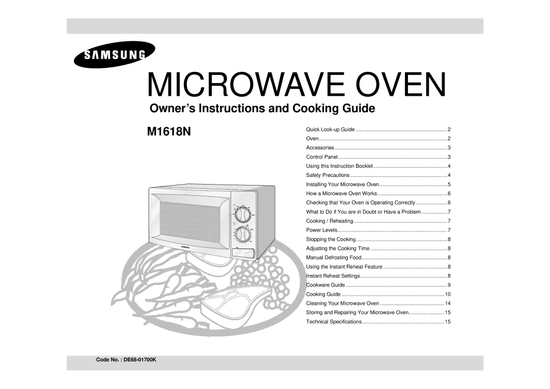 Samsung M1618N/DOR manual Microwave Oven, Code No. DE68-01700K 